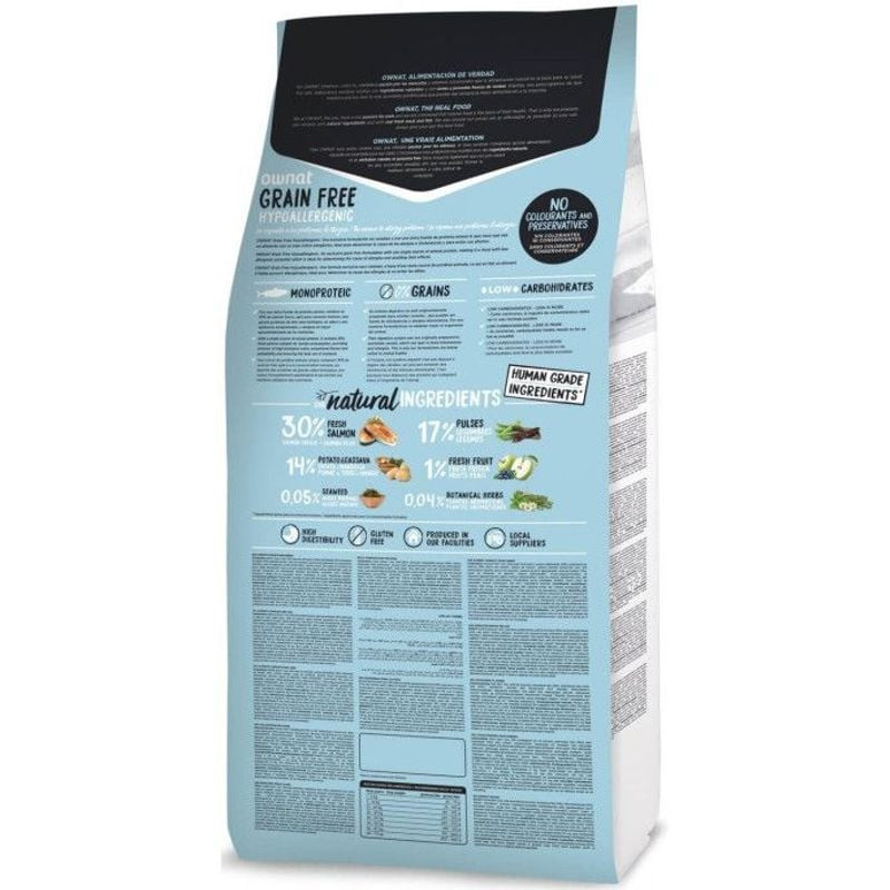 Sac de croquettes Ownat Grain Free Hypoallergénique Saumon sur fond blanc, montrant l'emballage et l