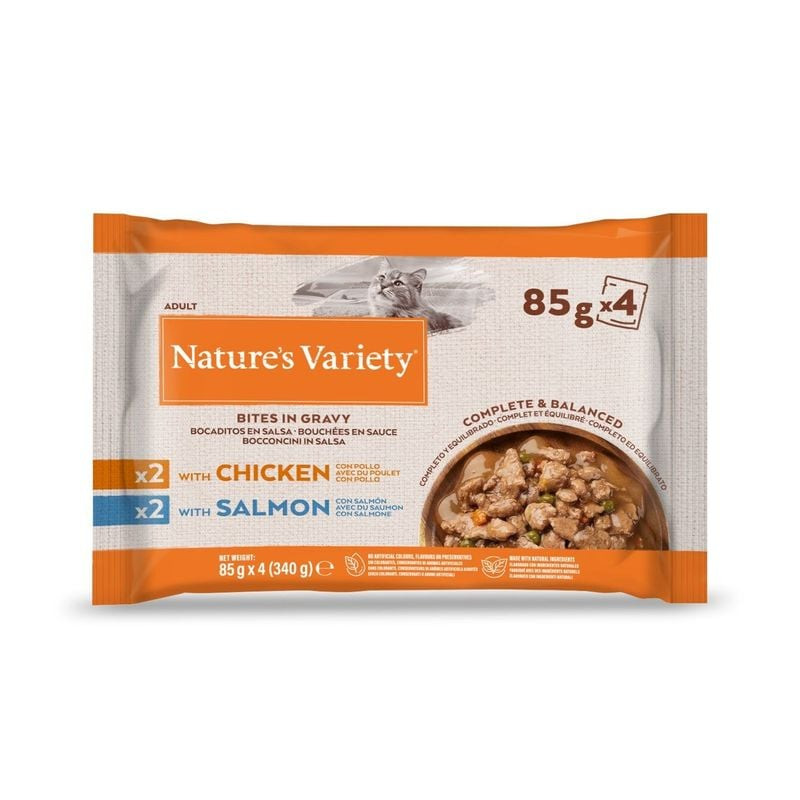 Lot de 4 sachets de pâtée NATURE'S VARIETY Original Bites au poulet et au saumon.