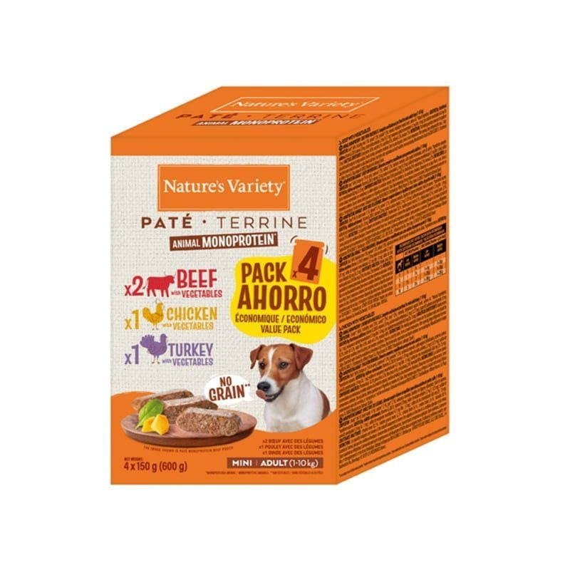 Packshot du multipack Nature's Variety pâtée pour chien mini adulte bœuf poulet dinde 4x150g, présen