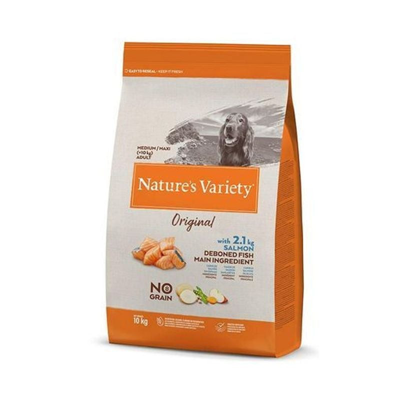 Visuel produit des croquettes Nature's Variety sans céréales au saumon pour chiens moyens à grands, 