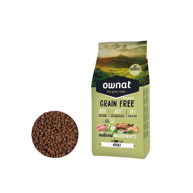 Packshot de côté du sachet de croquettes Ownat Grain Free Prime pour chat adulte, affichant les info