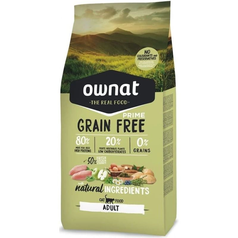 Vue de face du sac de croquettes Ownat Grain Free Prime pour chat adulte, nom, marque et illustratio