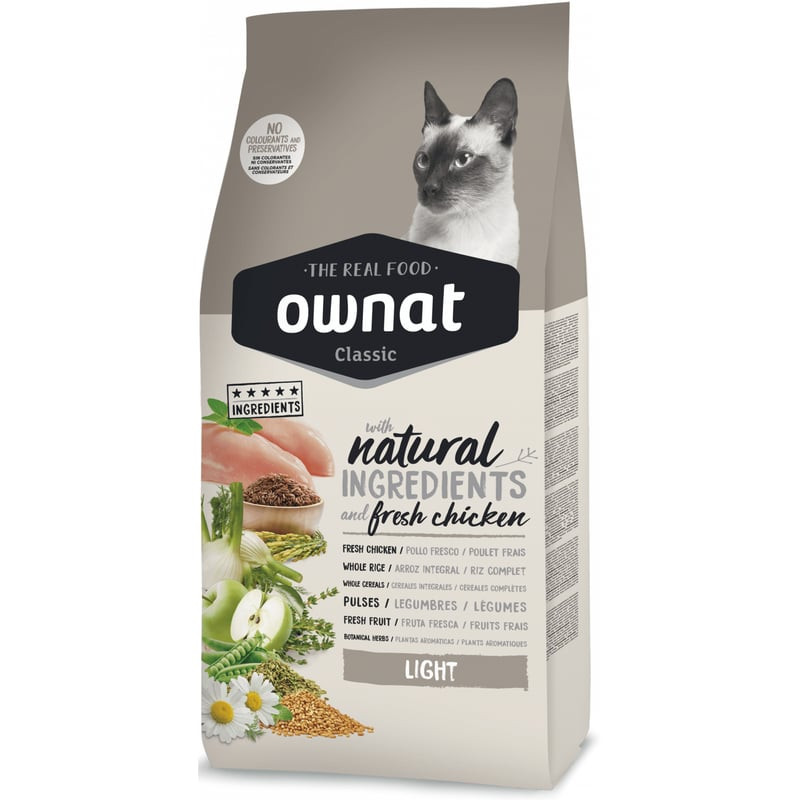 Emballage des croquettes OWNAT Classic Light pour chat, gestion du poids, avec illustration de chat 