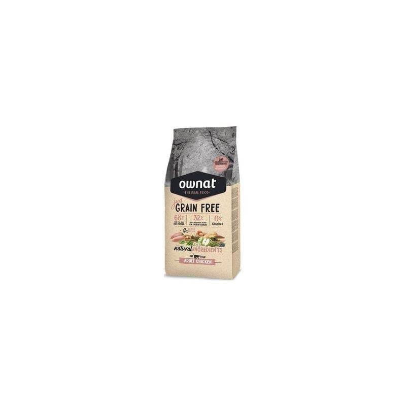 Sac de croquettes pour chat sans céréales Ownat 1143440 au poulet, sur fond blanc, avec design et no