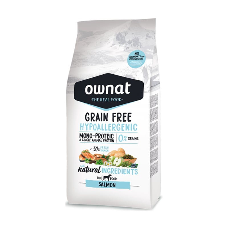 Packshot du sac de croquettes Ownat 1143438 sans céréales au saumon pour chien, sur fond blanc.