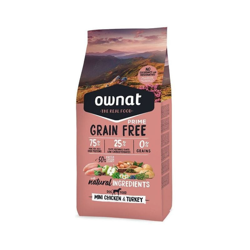 Sac de croquettes Ownat Grain Free Prime Mini Adult poulet et dinde pour chien de petite race.