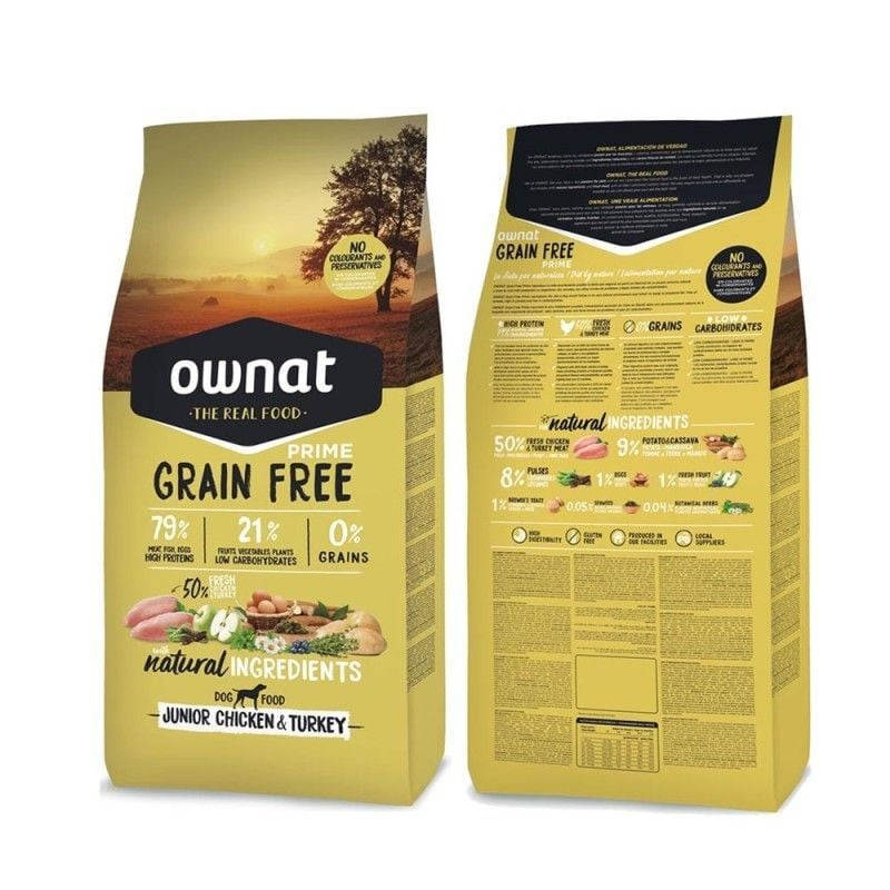 Packshot alternatif des croquettes pour chiot OWNAT Grain Free Prime Junior montrant l'emballage et 