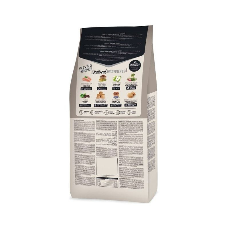 Packshot avant du sac de croquettes Ownat Classic Light, avec silhouette de chien et points forts nu