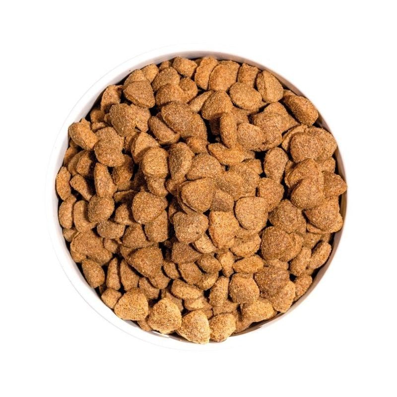 Détail de la texture et de la forme des croquettes Ownat Classic Light, avec des grains et des morce