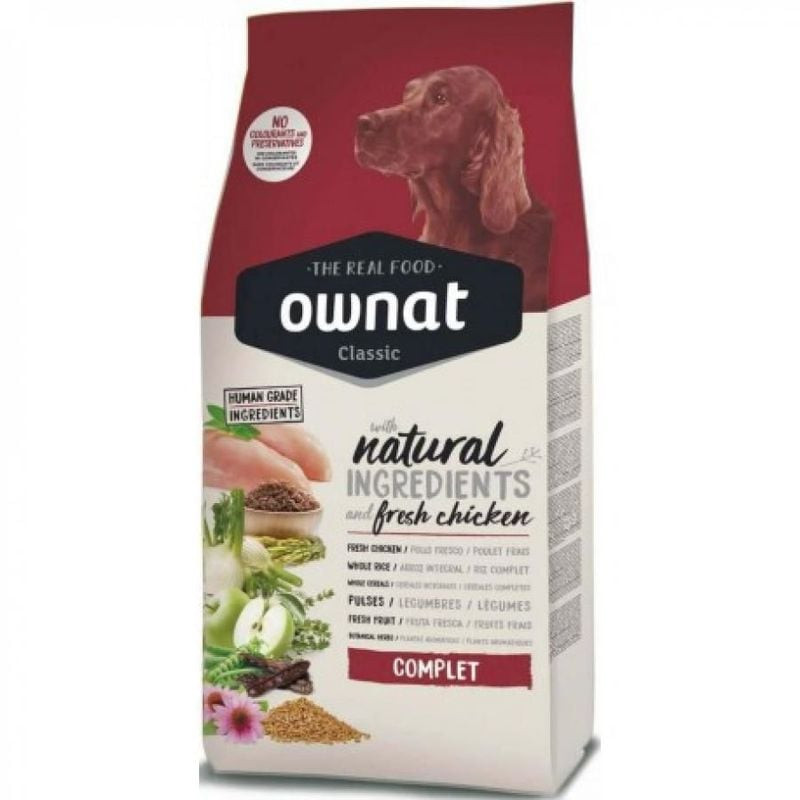 Sac de 20 kg de croquettes Ownat Classic Complet, vue de face avec logo et illustration de chien.