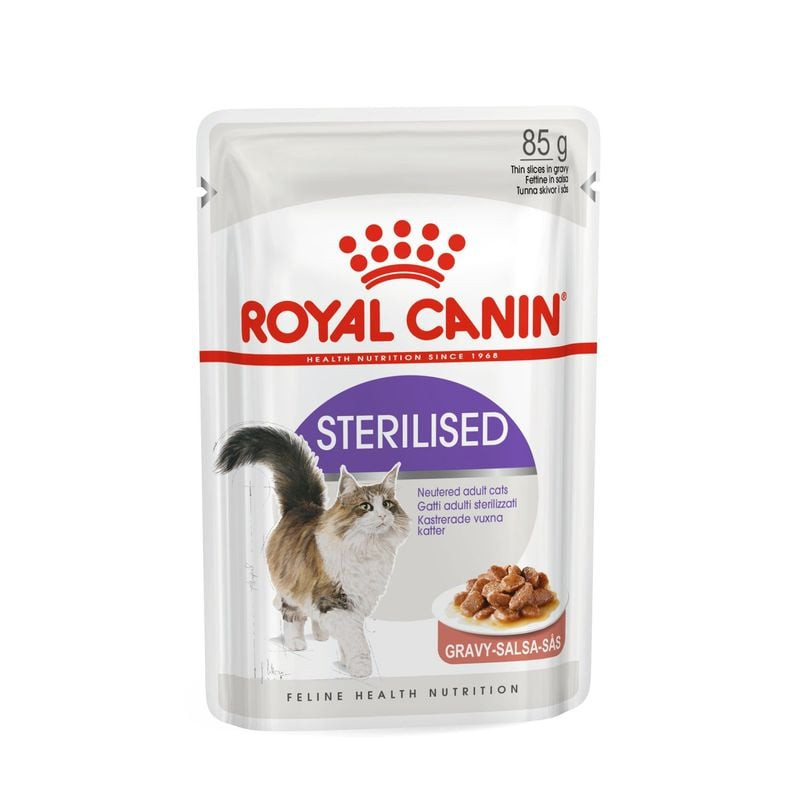 Packshot avant du sachet de nourriture pour chat stérilisé ROYAL CANIN 1143284, 85g, en sauce.