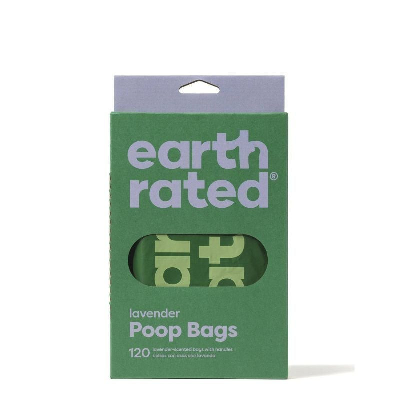 Sacs à crottes Earth Rated lavande avec poignées dans une boîte distributrice recyclable, vue de fac