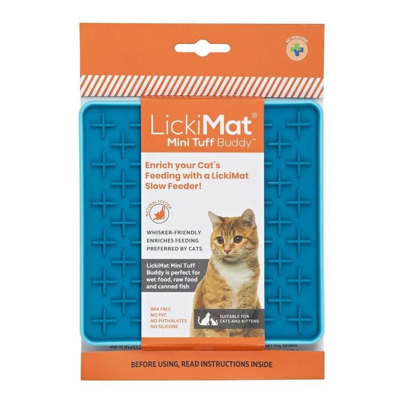 Gros plan sur la gamelle à lécher LICKIMAT Mini Tuff Buddy turquoise pour chat avec surface texturée