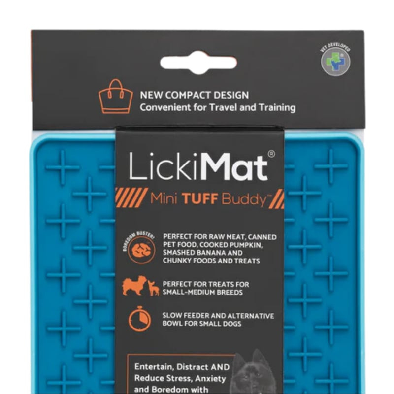 Vue en gros plan de la surface texturée du tapis à lécher LICKIMAT Mini Tuff Buddy turquoise pour ch