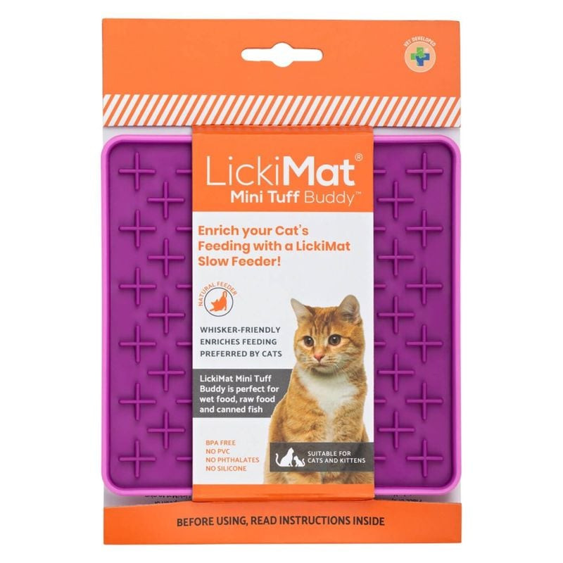 Tapis à lécher LickiMat Mini Tuff Buddy violet avec nourriture étalée
