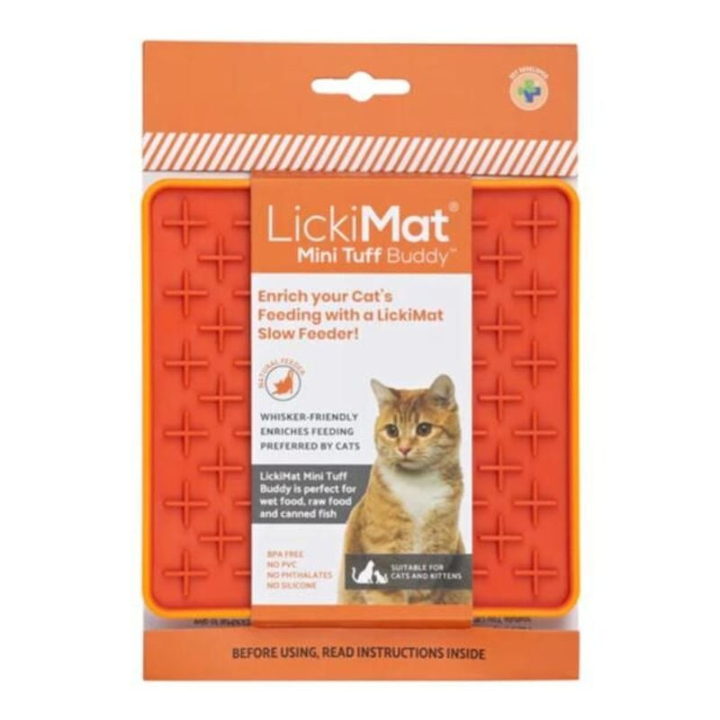 Packshot LickiMat Mini Tuff Buddy montrant un tapis de nourriture en silicone texturé pour chats.