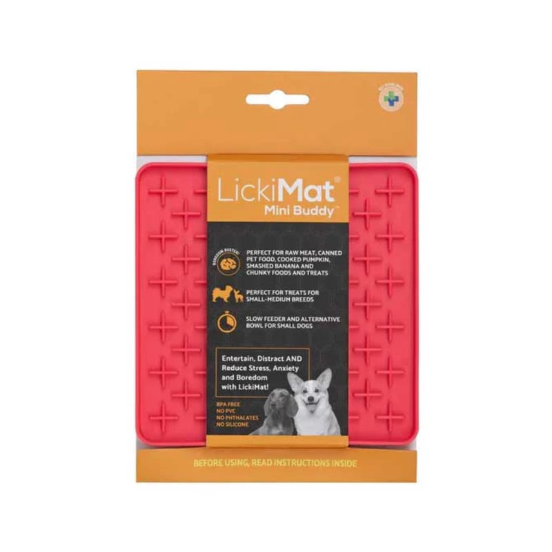Tapis à lécher LickiMat Mini Buddy en caoutchouc texturé pour petits chiens et chats, surface labyri