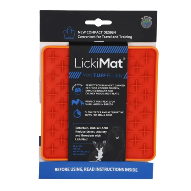 Tapis de léchage LickiMat Mini Tuff Buddy Orange sur fond blanc, montrant sa taille compacte et sa c
