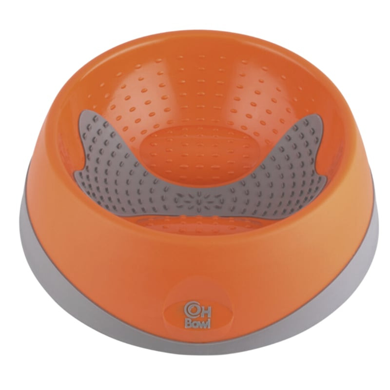 Gamelle pour chien LickiMat Oh Bowl Medium Orange avec picots en caoutchouc sur fond blanc