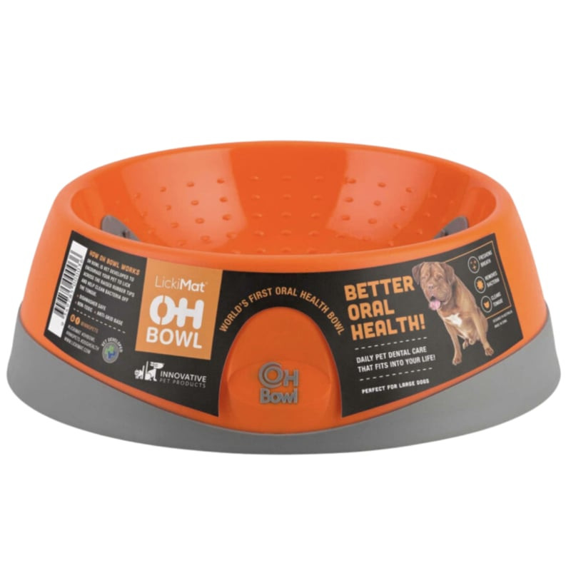 Gros plan sur la gamelle à lécher LickiMat Oh Bowl medium orange montrant les picots en caoutchouc t