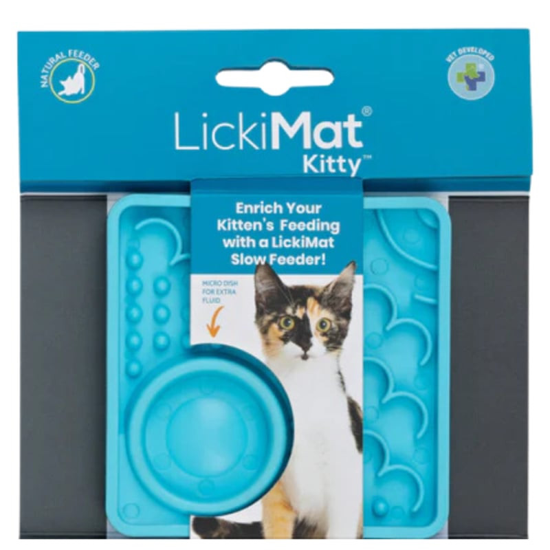 Tapis de léchage LickiMat Kitty turquoise texturé pour chaton, montrant sa forme carrée et sa petite