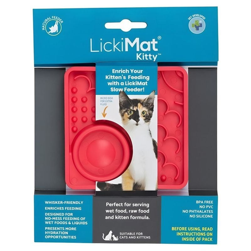 Vue latérale du tapis de léchage LickiMat Kitty Rose, avec ses bords surélevés et son matériau en ca