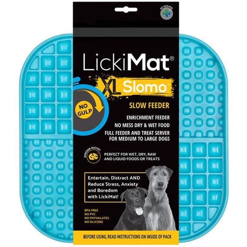 Tapis de léchage interactif LickiMat Slomo XL turquoise pour chien, surface texturée avec poches pro