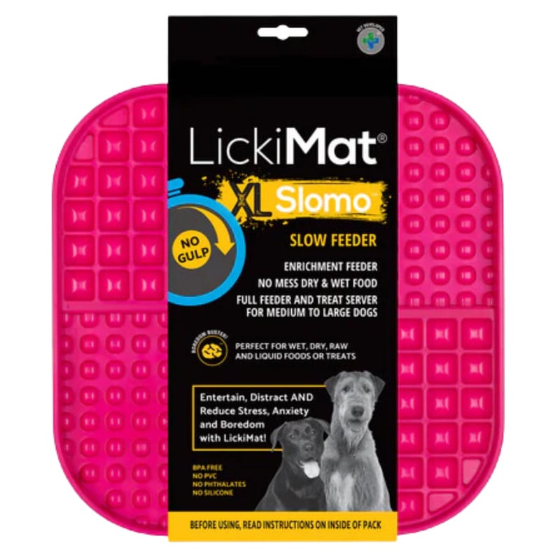 Tapis à lécher LICKIMAT Slomo XL rose avec nourriture dans les compartiments, démonstration d'utilis