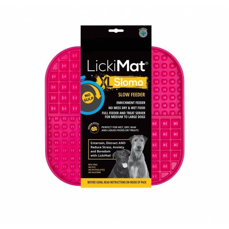 Tapis à lécher LICKIMAT Slomo XL rose sur fond blanc, vue de dessus montrant quatre compartiments et