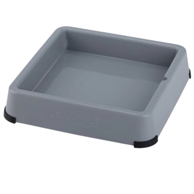 Support anti-dérapant LickiMat Mini Keeper gris en silicone tenant un tapis à lécher Mini avec nourr