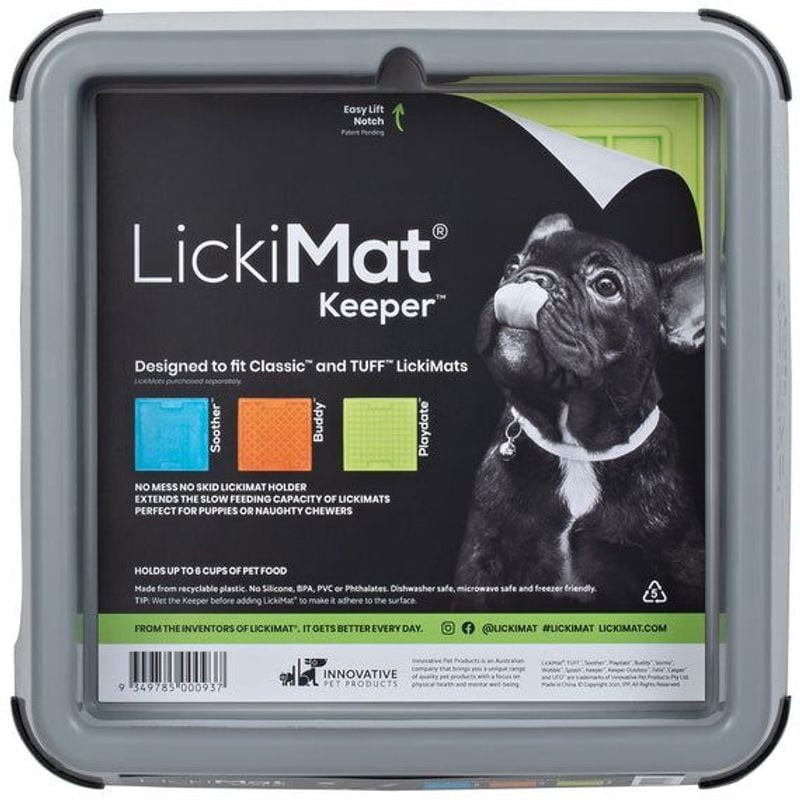 Plateau LickiMat Keeper gris contenant un LickiMat Classic, avec pieds antidérapants en caoutchouc v