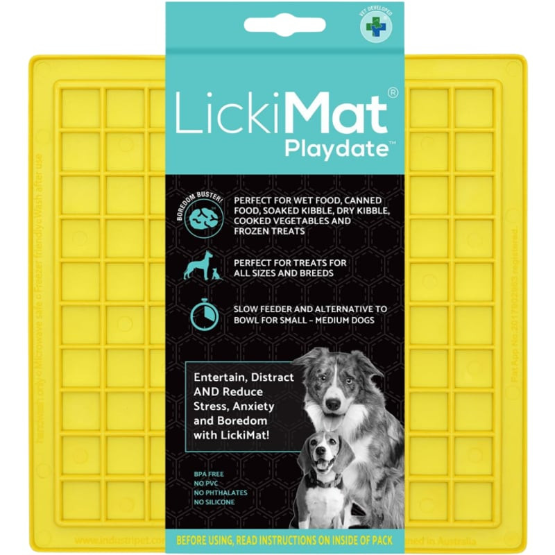 Angle de côté du LickiMat Classic Playdate Jaune, tapis de léchage jaune pour chien, montrant le mat