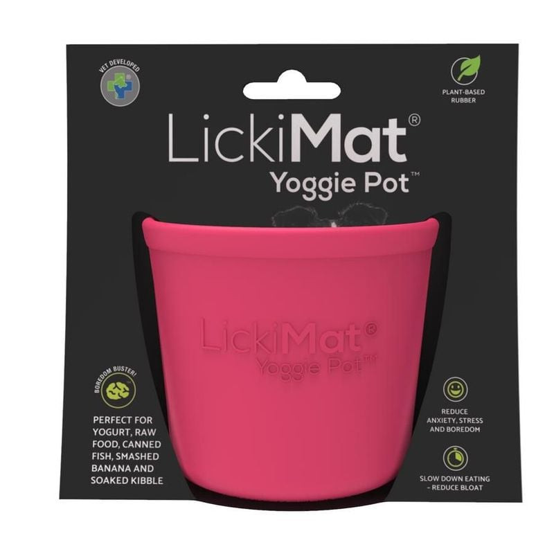 Vue latérale de la gamelle à lécher LickiMat Yoggie Pot pour chien avec bords surélevés