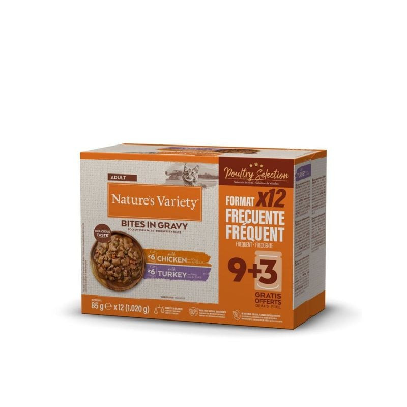 Paquet de 12 sachets Nature's Variety poulet et dinde en sauce pour chat adulte.