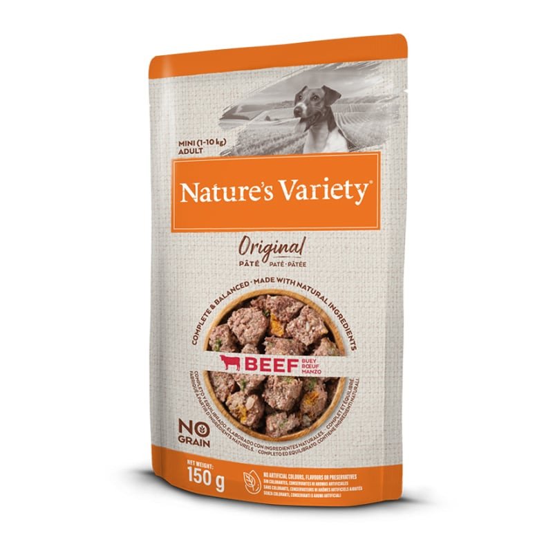Packshot de la pâtée Nature's Variety Original Mini au bœuf pour petits chiens.