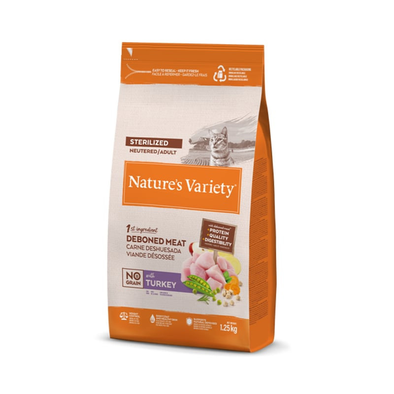 Sac de croquettes Nature's Variety Original Sans Céréales Dinde pour chat stérilisé, de face avec il
