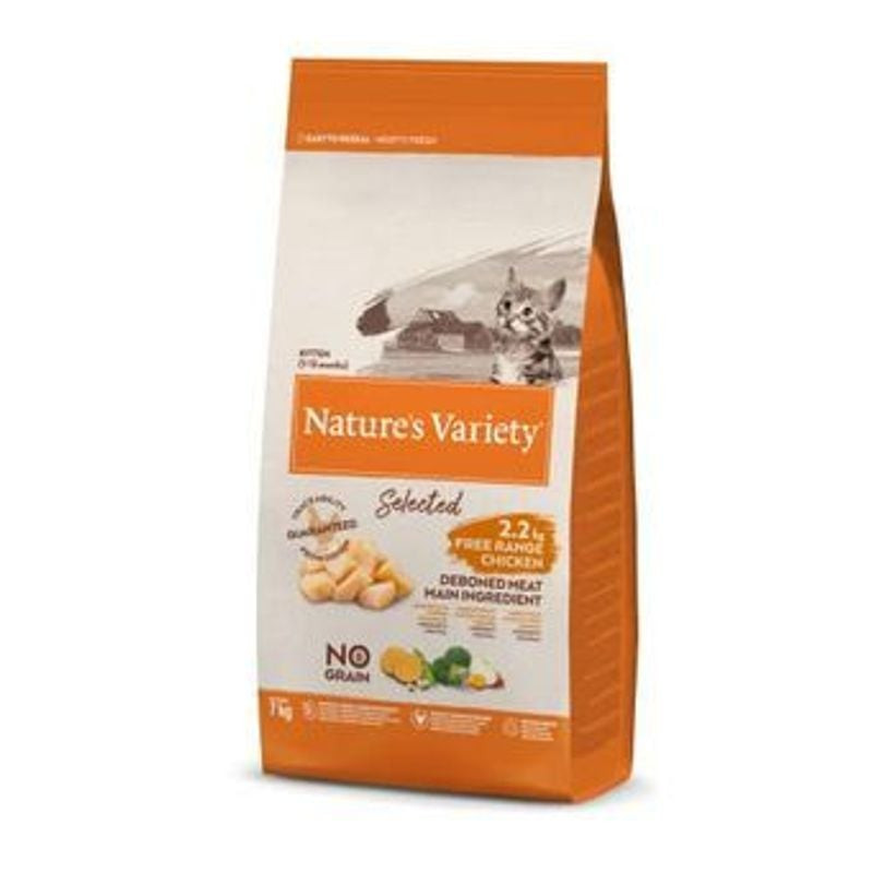 Sac de croquettes pour chaton Nature's Variety sans céréales au poulet 7kg, posé sur fond blanc.