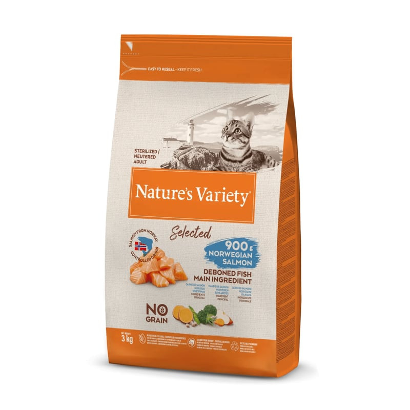 Packshot du sac de croquettes Nature's Variety Selected Chat Adulte Stérilisé Saumon, mettant en val