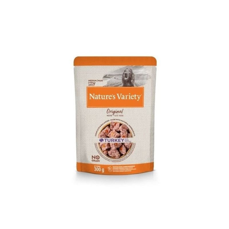 Packshot de la pâtée pour chien Nature's Variety Original à la dinde montrant une boîte et un bol de