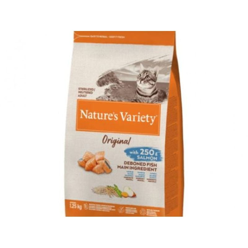 Vue arrière de l'emballage des croquettes Nature's Variety 1966887 au saumon montrant infos nutritio