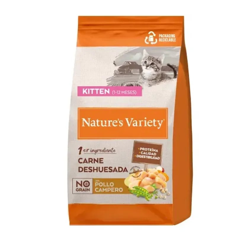 Dos du sac de croquettes pour chaton Nature's Variety avec informations nutritionnelles et conseils 