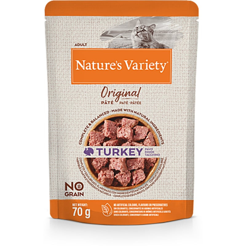 Vue de face du pochon Nature's Variety Original Dinde 70g, avec logo et illustration de chat.