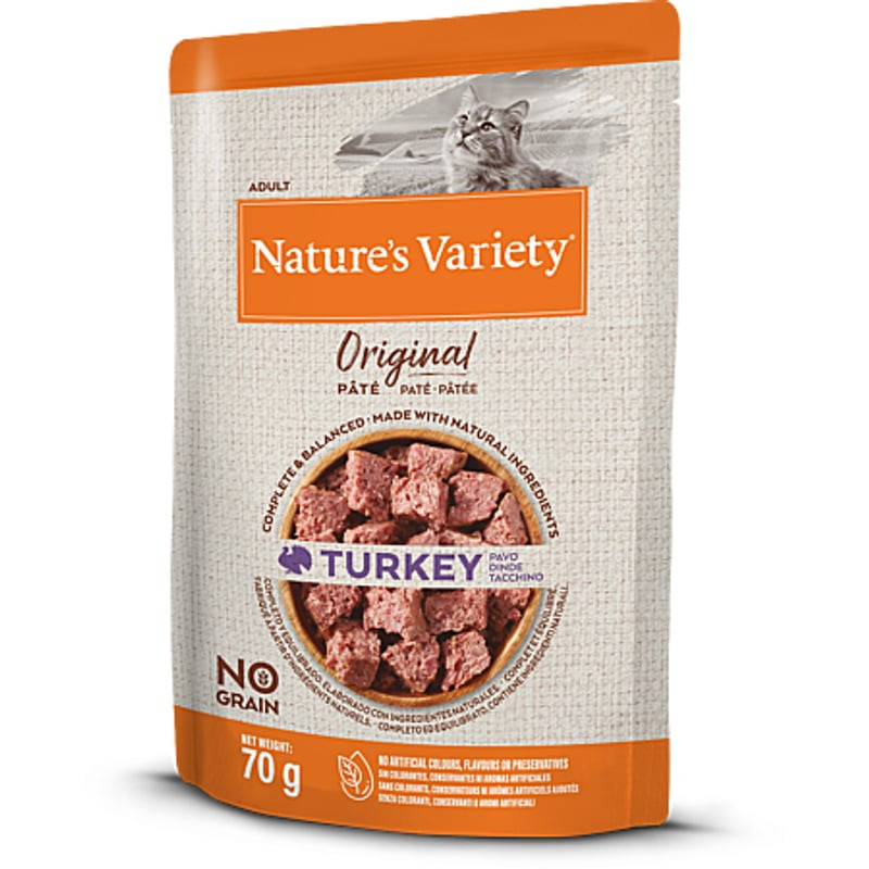 Dos du pochon Nature's Variety Original Dinde avec liste d'ingrédients et conseils d'alimentation.
