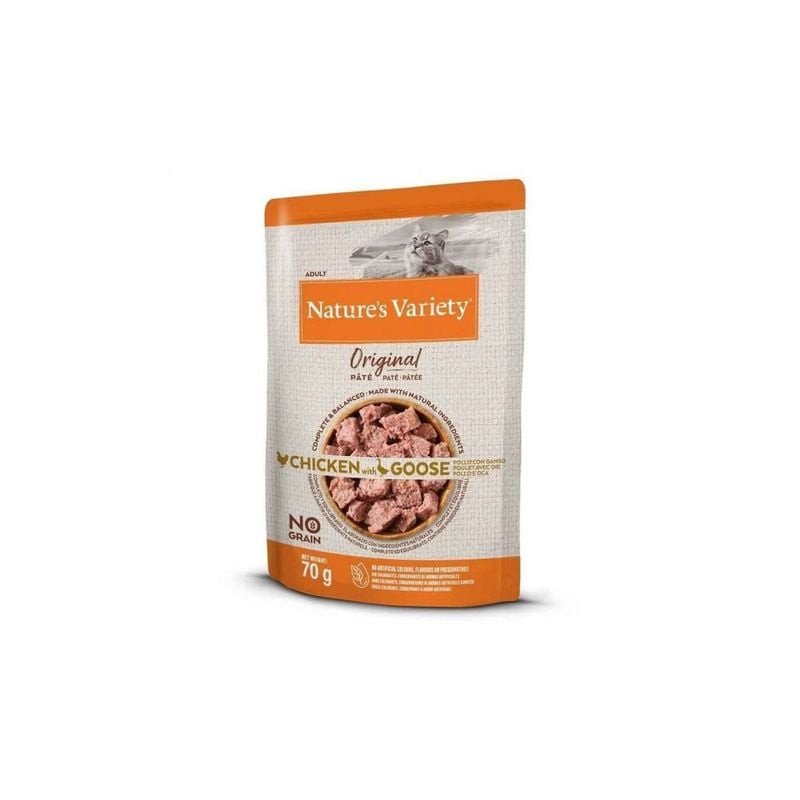 Packshot de Nature's Variety 1966883 pâtée sans céréales au poulet et à l'oie pour chat en pochon.