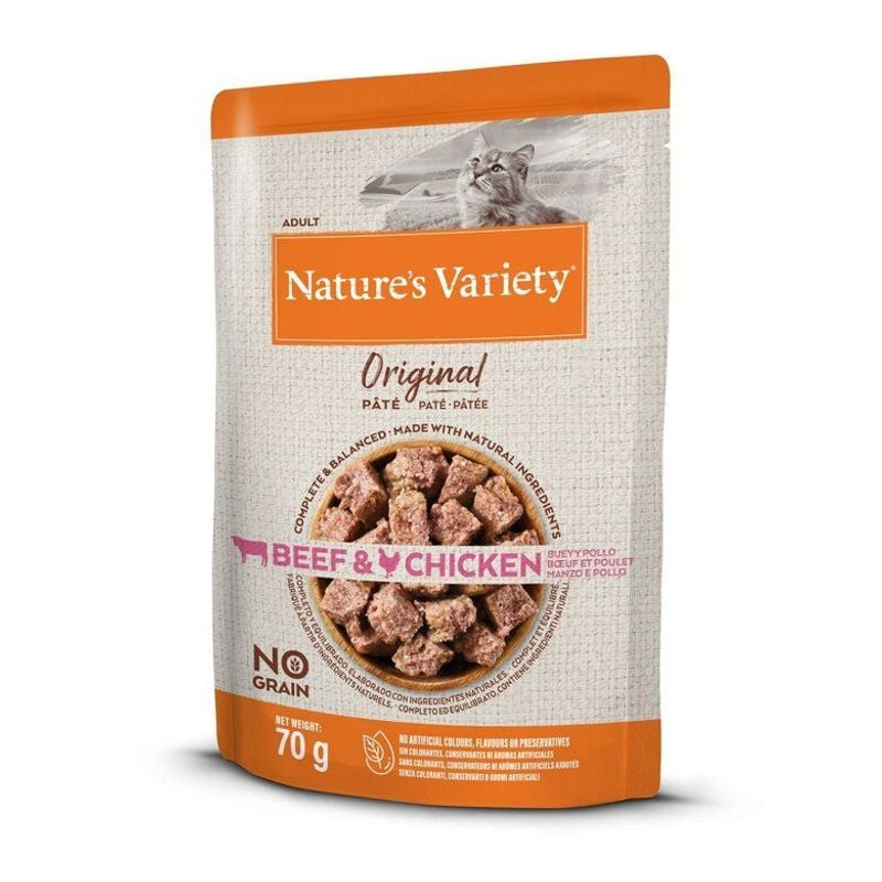 Packshot de la pâtée humide sans céréales Nature's Variety Pâtée Bœuf et Poulet, montrant l'emballag