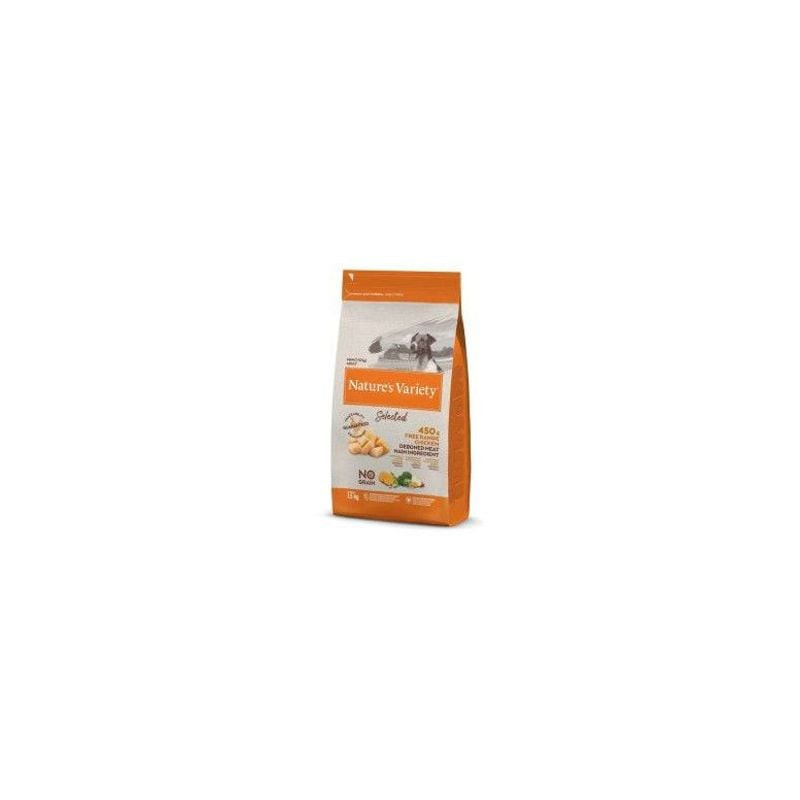 Packshot des croquettes Nature's Variety Mini Adulte Poulet pour petits chiens, avec un sac illustré