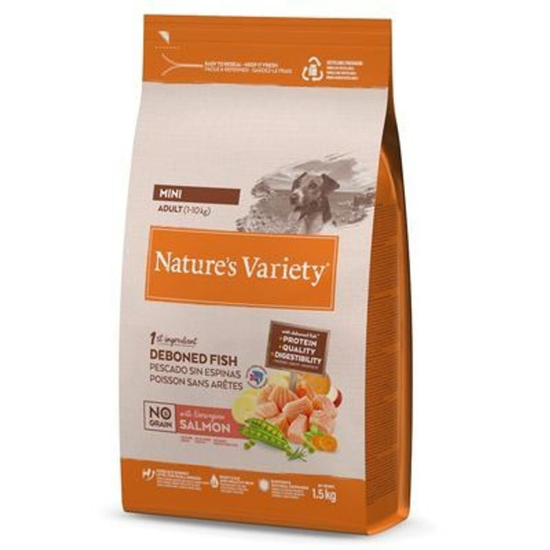 Packshot des croquettes Nature's Variety 1966879 sans céréales au saumon pour chiens adultes de peti
