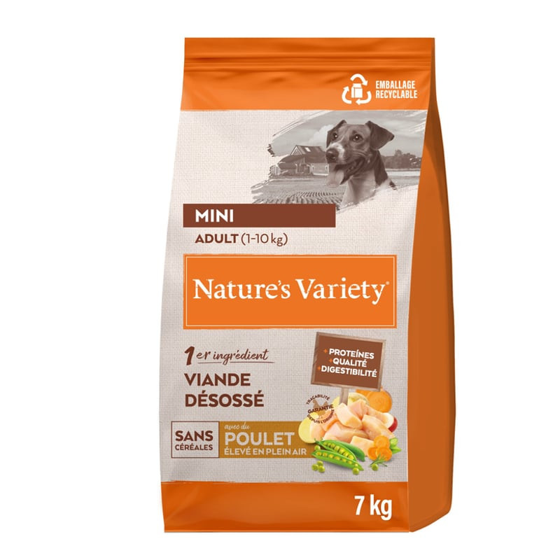 Vue de face du sac de croquettes Nature's Variety No Grain Mini Adulte au Poulet, montrant du poulet