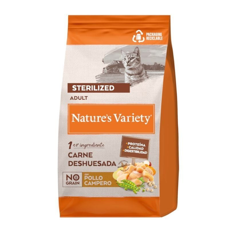 Vue avant du sac de croquettes pour chat stérilisé Nature's Variety Selected Poulet Plein Air, forma