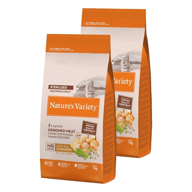 Vue arrière du sac de croquettes pour chat stérilisé Nature's Variety Selected Poulet Plein Air 7 kg